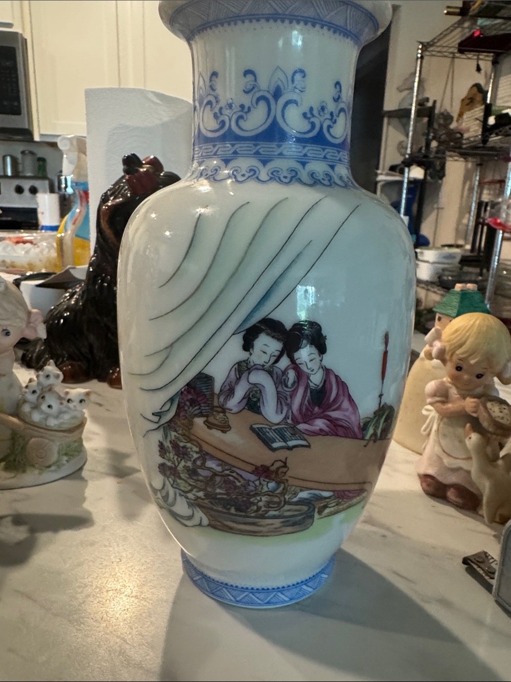 Blue and Pink Hand-Painted Porcelain Vase with Figurative Scene